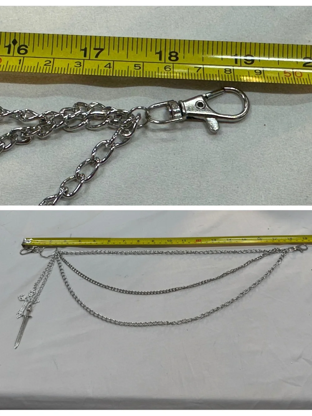 Silver Multi-Layer Chain with Sword & Cross Charms 19”